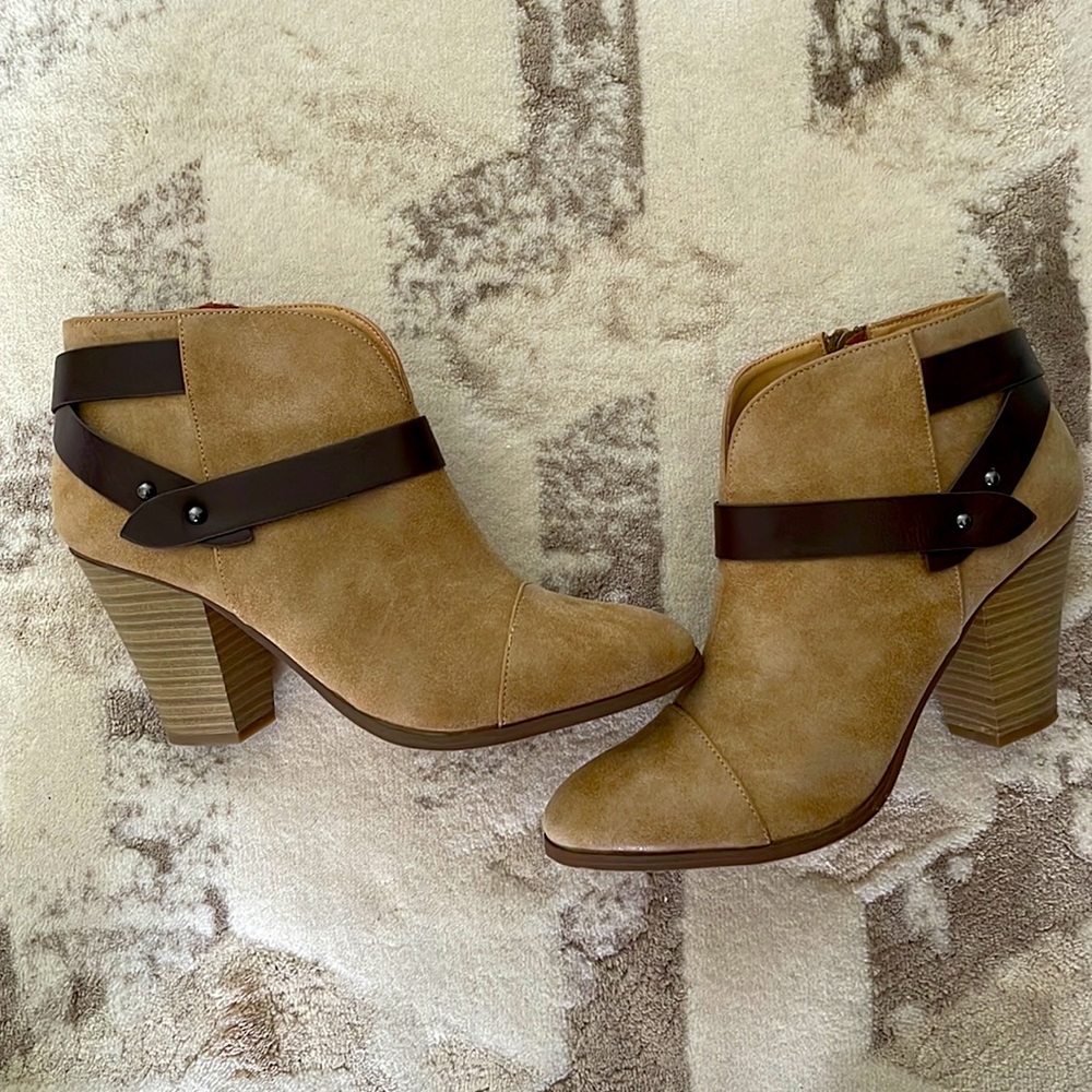 Tan and brown stacked heel booties